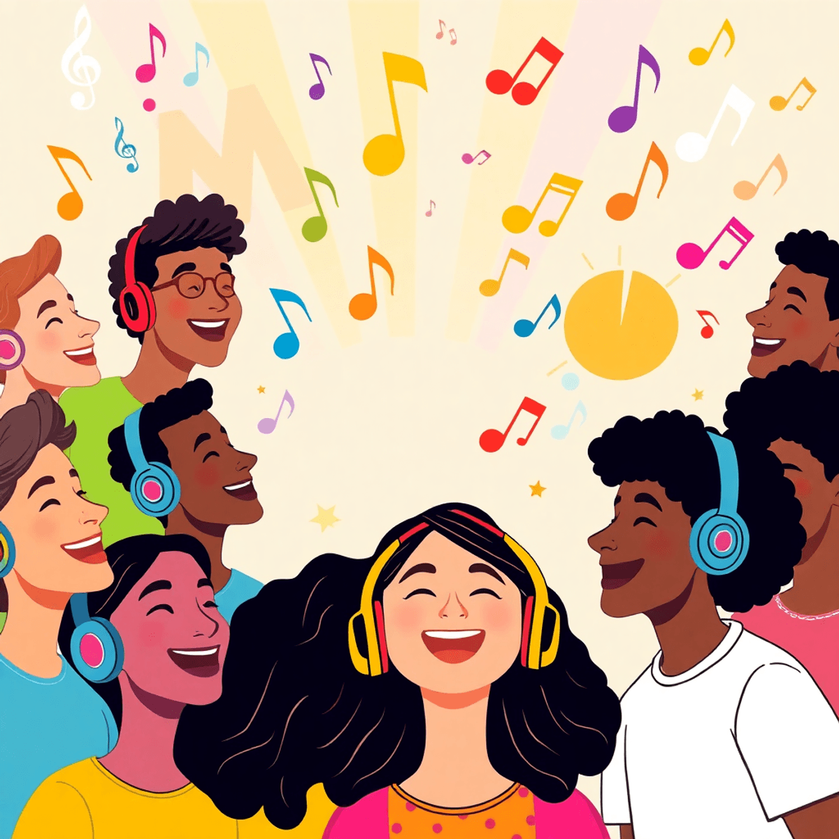 Cartoon of joyful people with headphones surrounded by colorful musical notes and symbols of empowerment and confidence.
