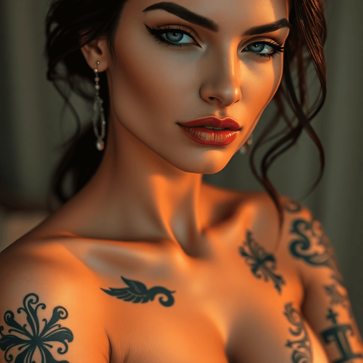Close-up cartoon portrait of a woman with artistic tattoos and elegant piercings, soft warm lighting highlighting body art, conveying empowerment and self-expression.