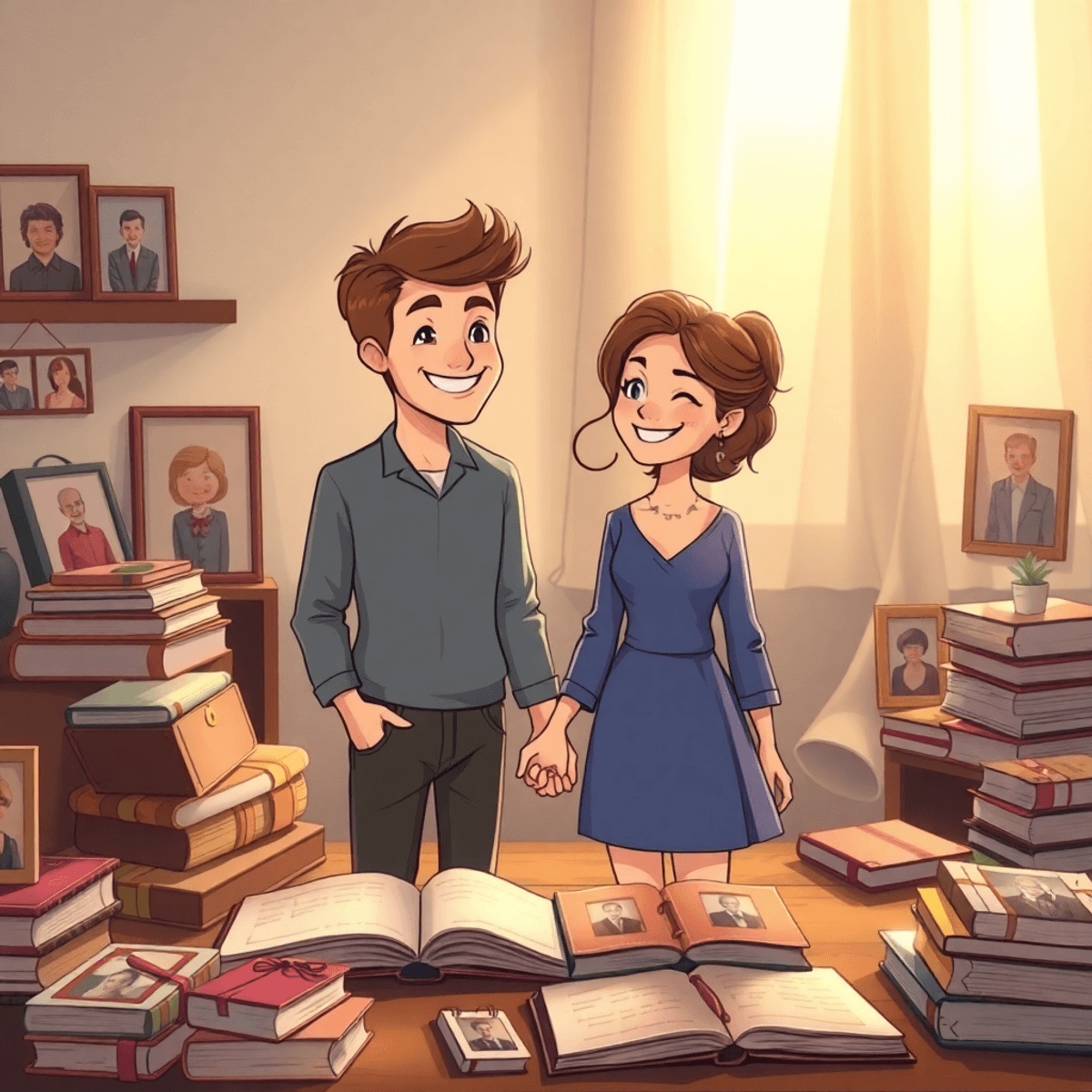 Cartoon couple holding hands, smiling amid photo albums and journals, bathed in soft natural light, capturing a romantic and timeless moment.
