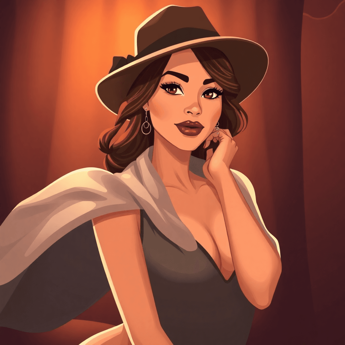 Cartoon of a confident woman in a stylish hat and flowing scarf, bathed in soft warm light, creating an intimate and empowering boudoir scene.