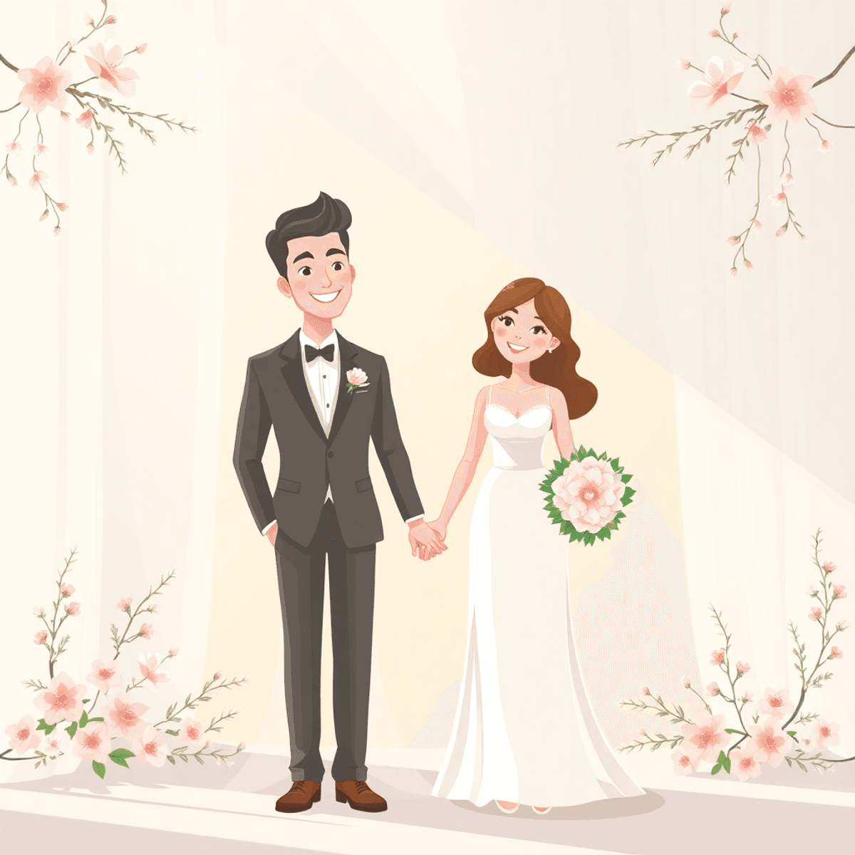 Cartoon-style romantic wedding scene with a happy couple holding hands, soft natural light, and delicate floral decorations.