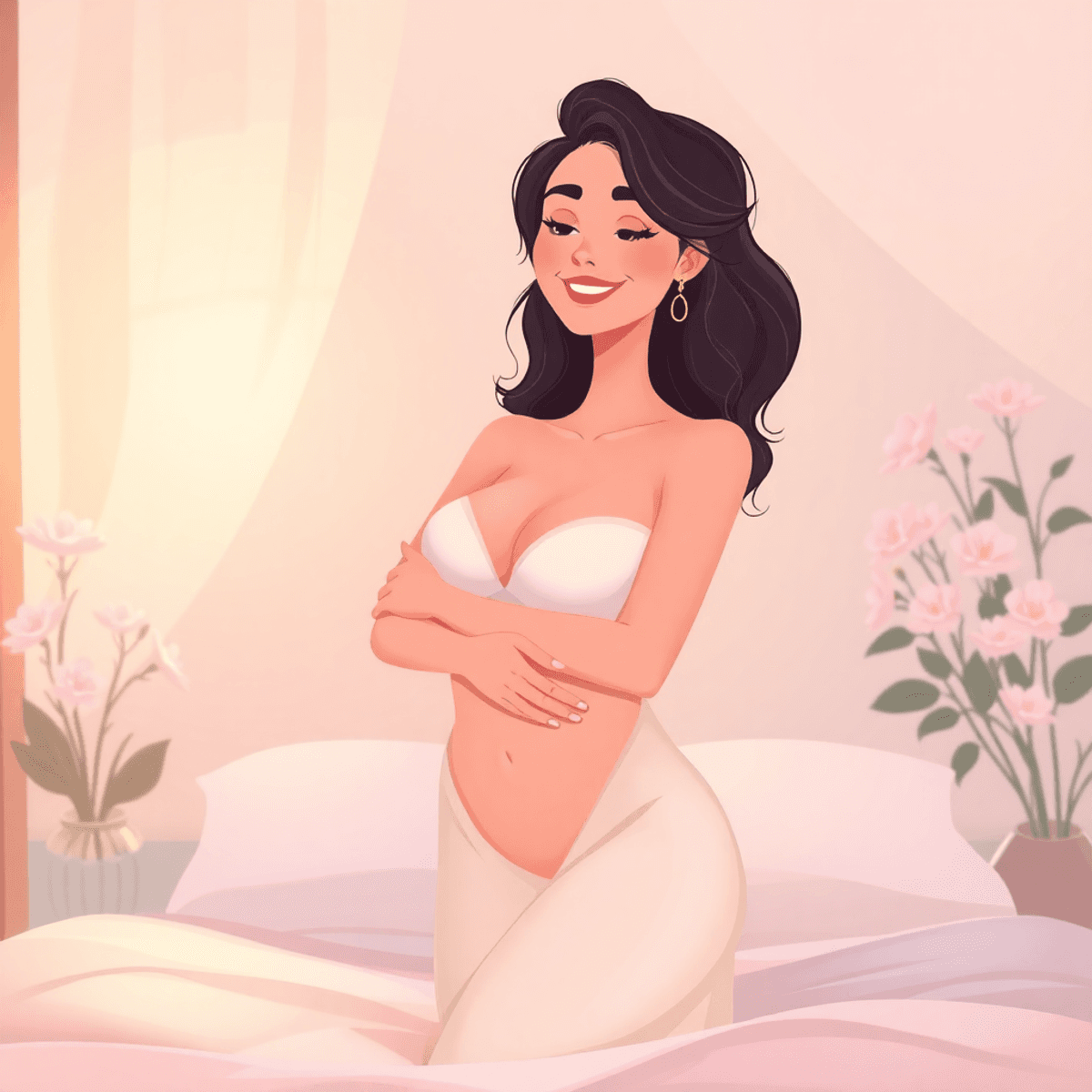 Cartoon-style serene boudoir scene with a softly lit pastel room, a confident woman smiling peacefully, surrounded by blooming flowers and flowing light symbols.