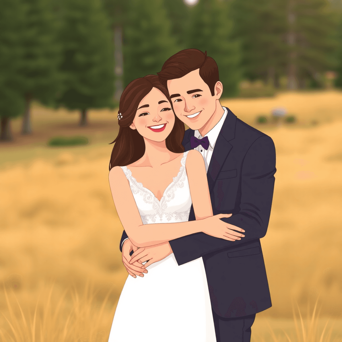 Cartoon-style romantic outdoor elopement with a couple embracing in a scenic, warmly lit natural setting.
