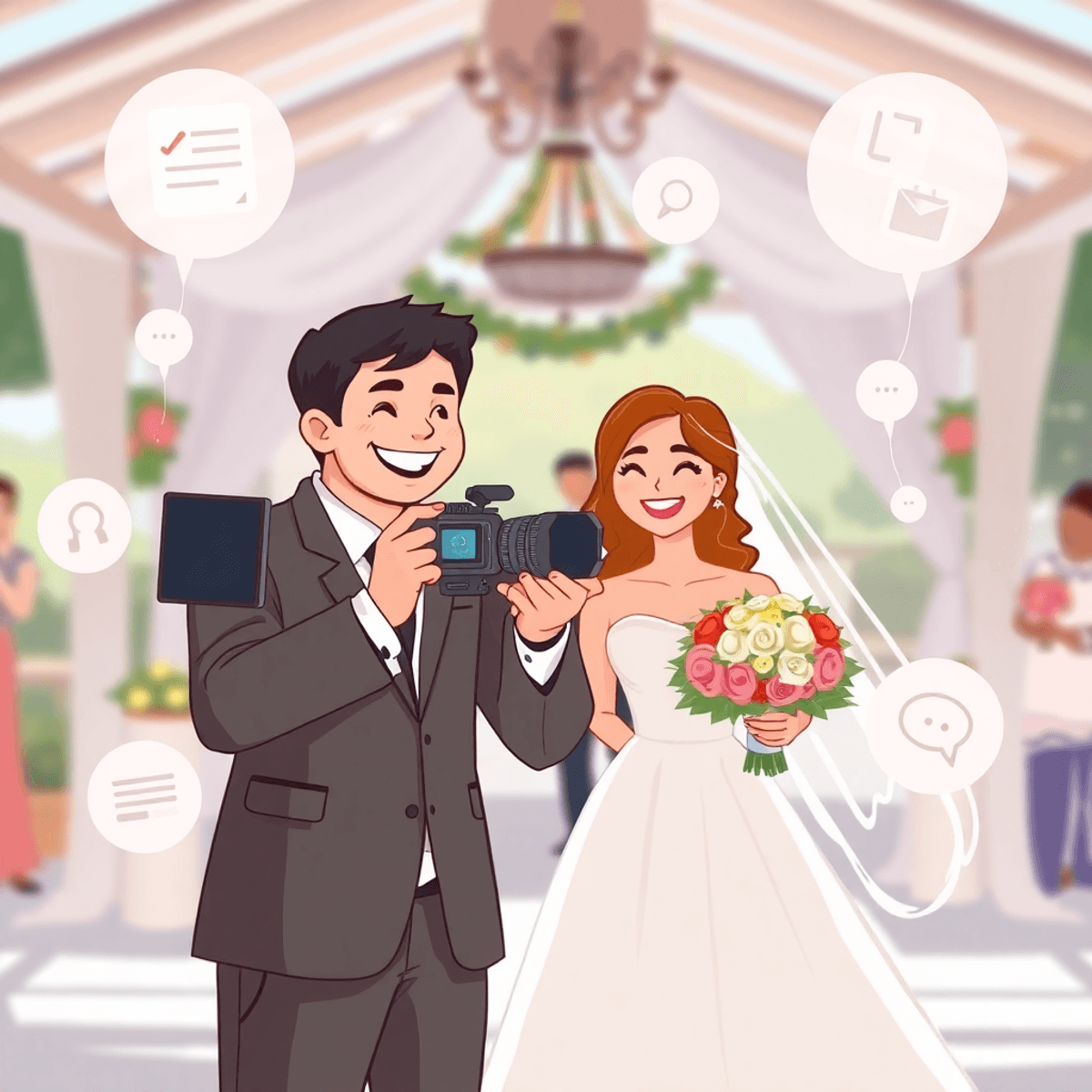 Cartoon of a photographer capturing a happy couple at an elegant outdoor wedding with abstract shapes symbolizing planning and communication.