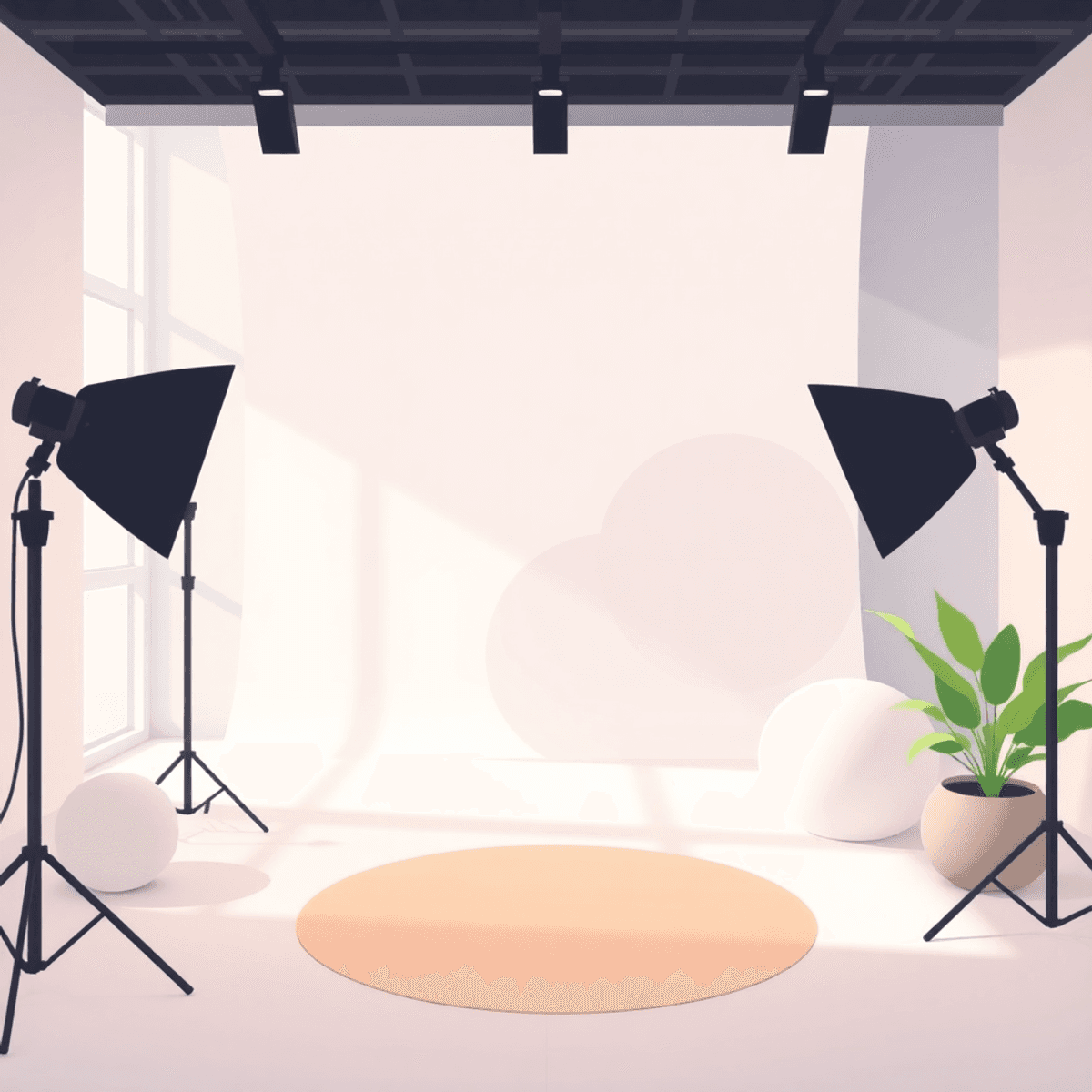 Cartoon-style photography studio with soft colors, natural light, and abstract shapes symbolizing diversity and inclusivity, creating a calm and inviting atmosphere.