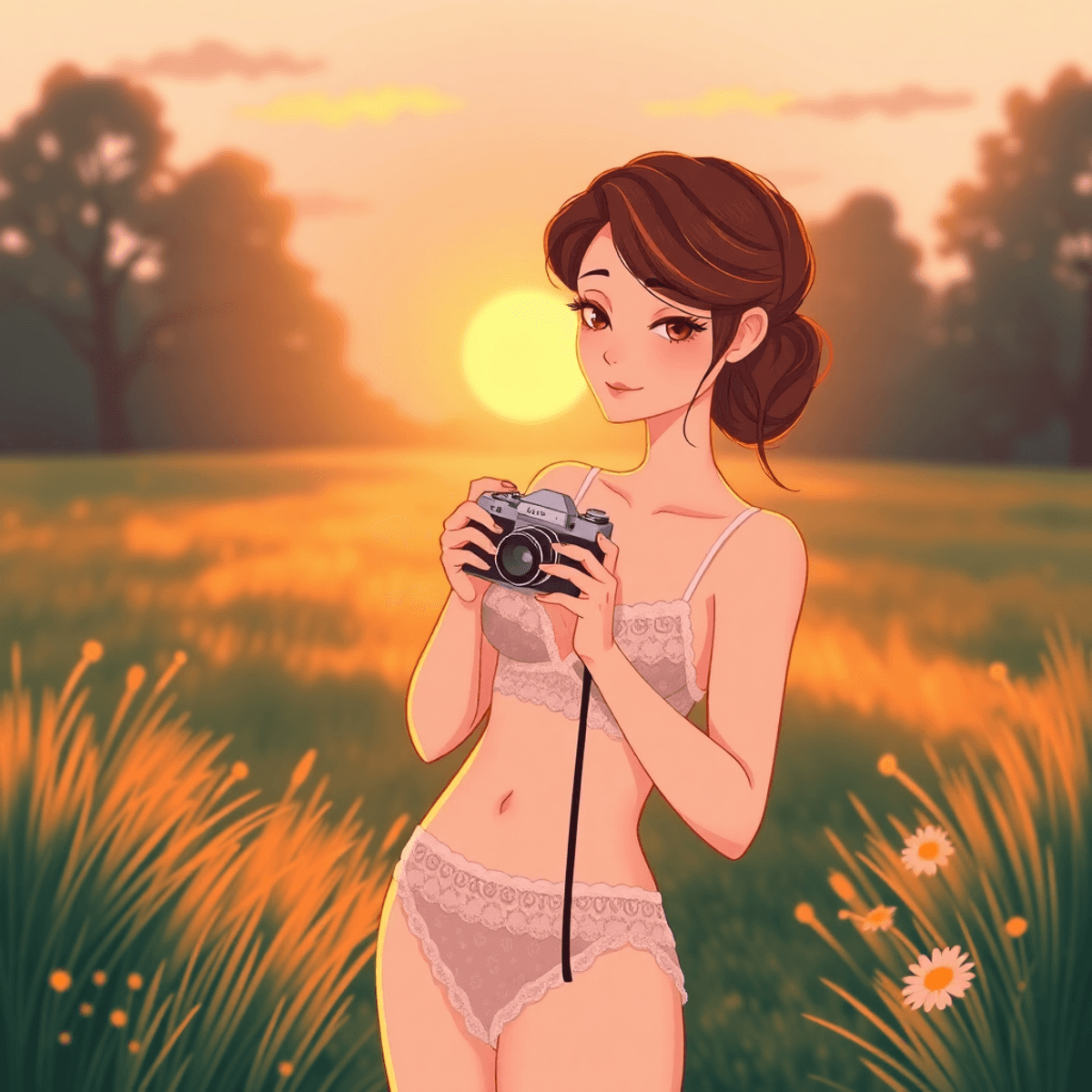 Cartoon of a person holding a camera at sunrise, with warm light and peaceful outdoor setting symbolizing new beginnings and healing.