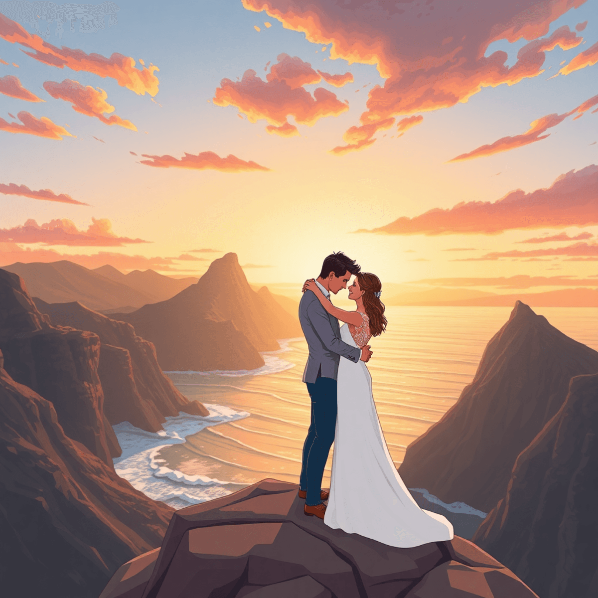 Cartoon couple embracing on a cliff at sunset, overlooking mountains and ocean waves, capturing a romantic elopement moment.