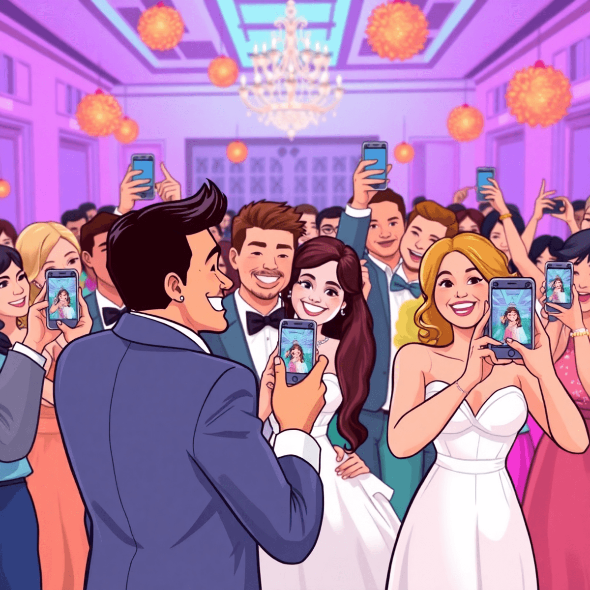 Cartoon wedding reception with guests joyfully taking and sharing photos instantly via smartphones, capturing lively and happy interactions.