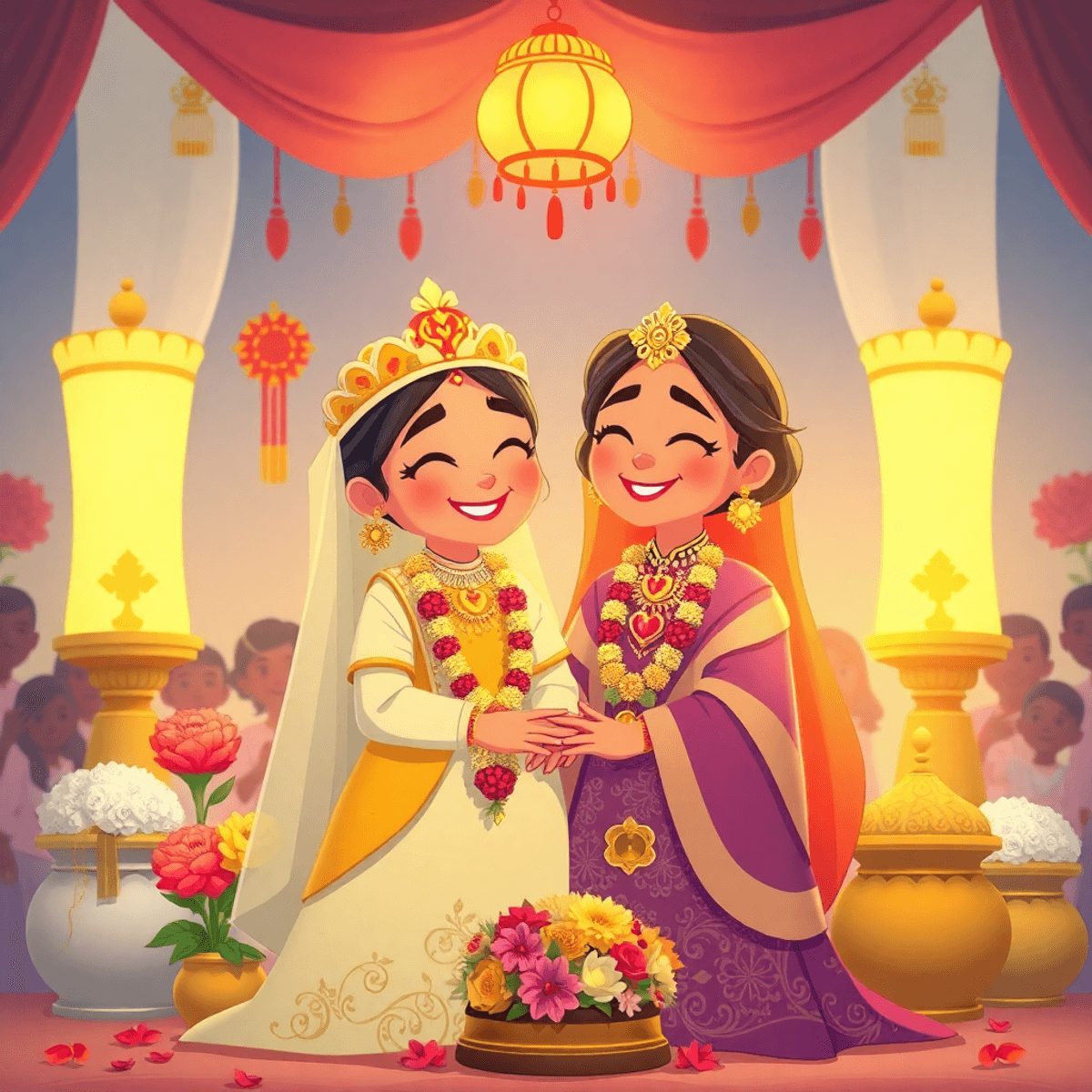 Cartoon-style vibrant wedding scene with a couple in traditional attire, surrounded by symbolic decorations and warm natural lighting.