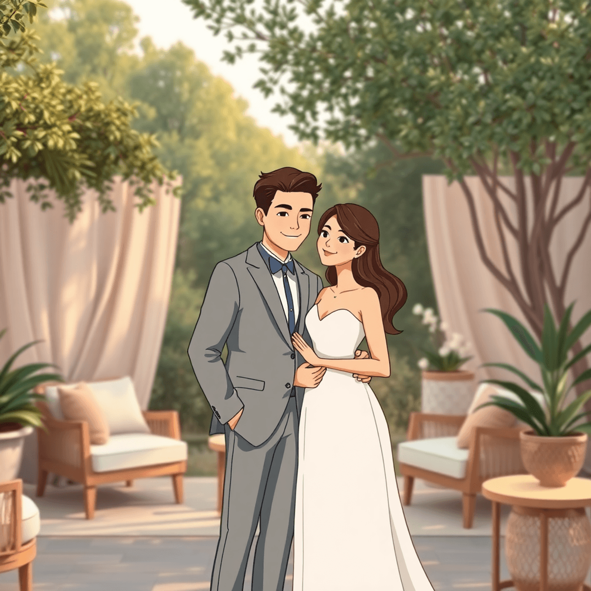 Cartoon-style romantic outdoor engagement scene with an elegant couple in neutral tones, surrounded by natural decor and warm, soft lighting.