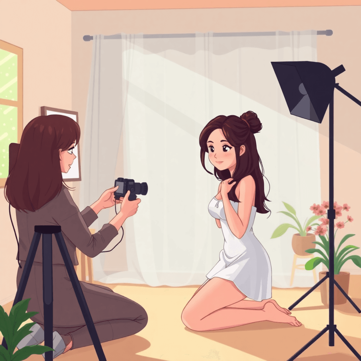 Cartoon-style warm photography studio with a female photographer gently guiding a shy client through relaxed boudoir posing, soft natural lighting creating an intimate atmosphere.