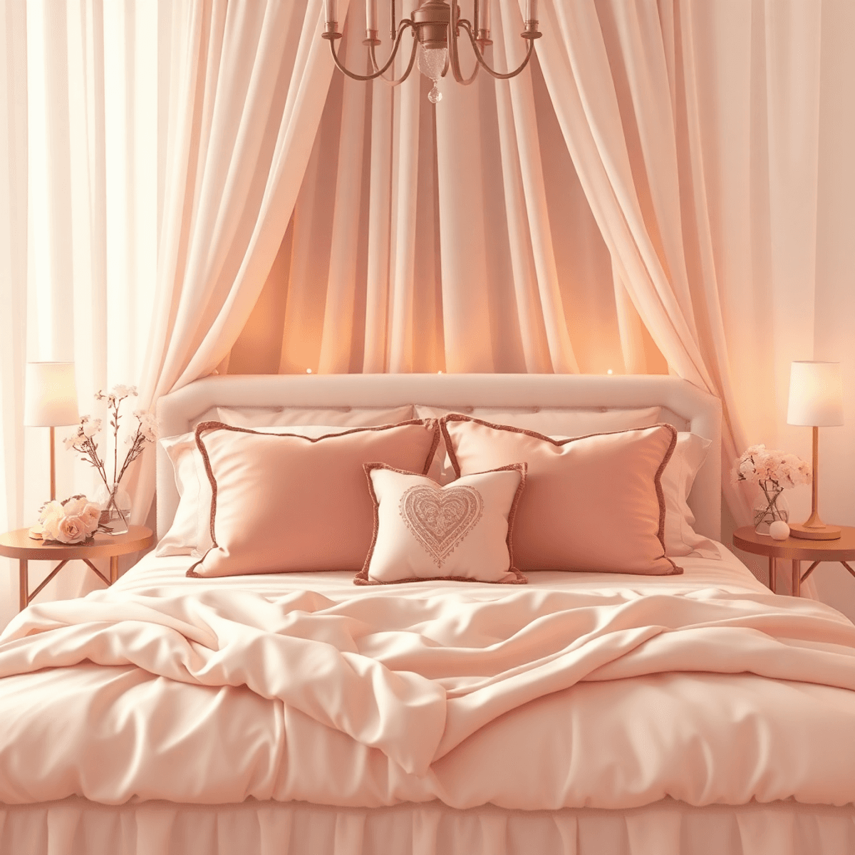 A cozy cartoon-style boudoir scene with soft lighting, elegant fabrics, and delicate flowers, showcasing a beautifully arranged bed filled with luxurious pillows.