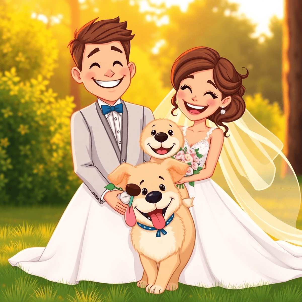 Cartoon of a joyful couple in elegant wedding attire with their playful dog outdoors during golden hour, surrounded by natural greenery.