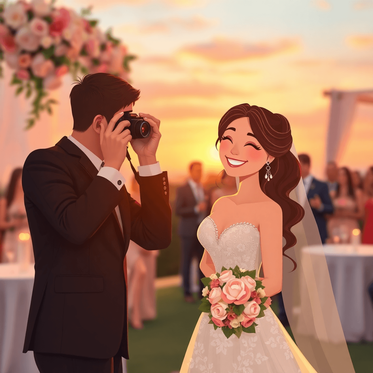 Cartoon of a couple embracing at a sunset wedding, with a photographer capturing the moment amidst floral decorations and celebrating guests.
