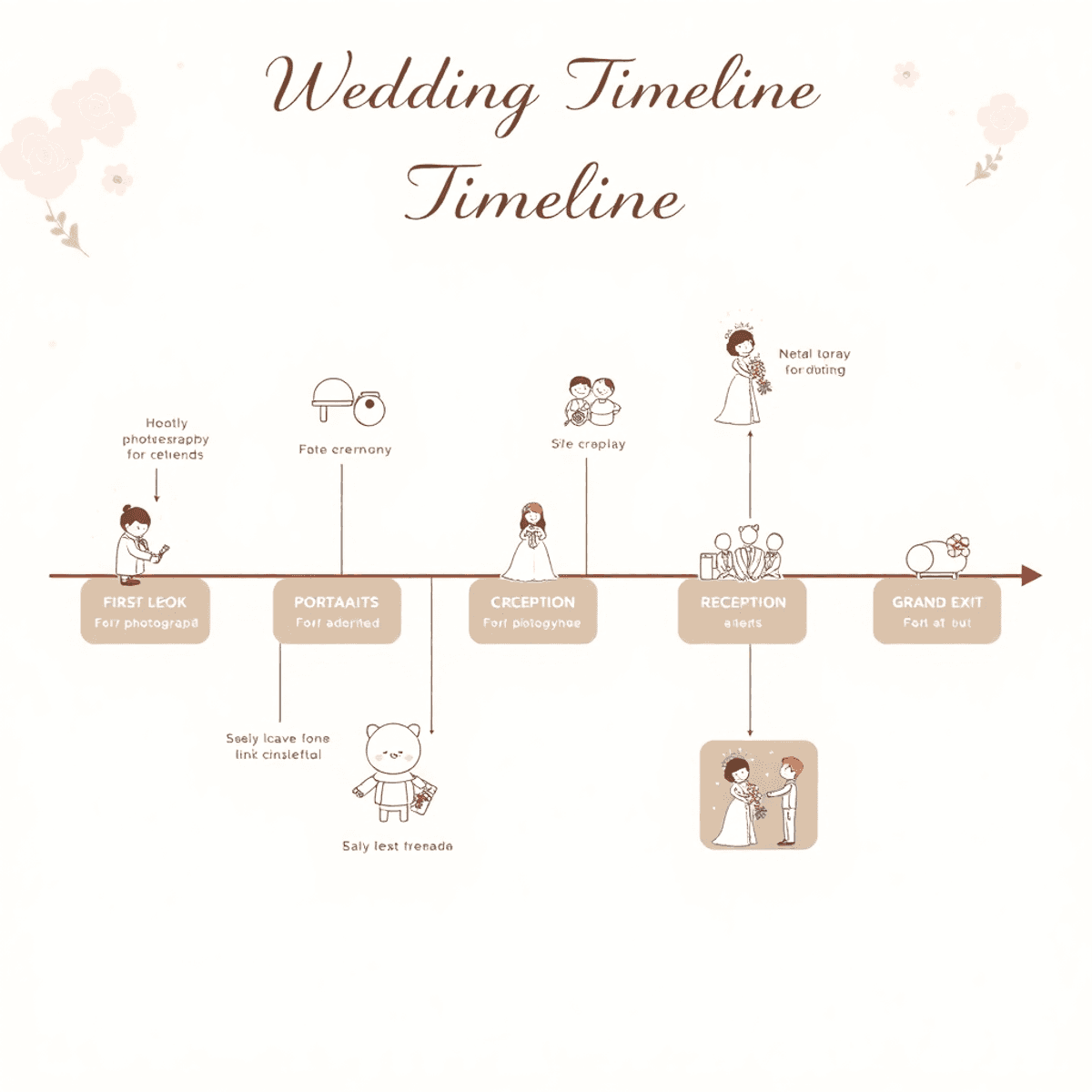 Cartoon wedding timeline with elegant icons for key moments on a soft, floral background.