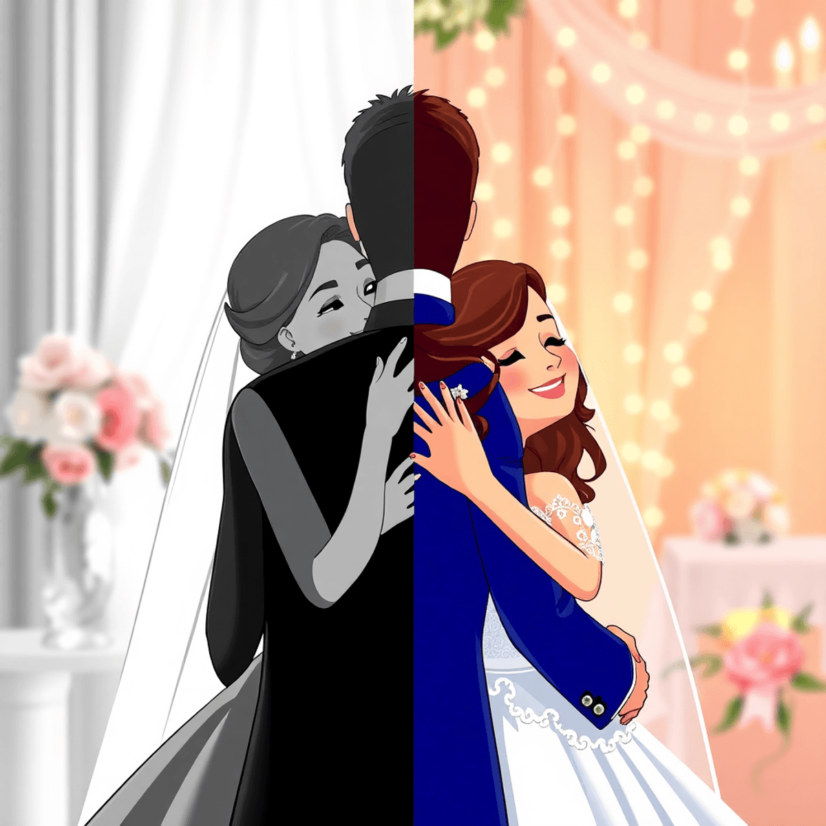 Cartoon-style wedding scene with bride and groom sharing a moment; half in black and white, half in vibrant color, against a soft, blurred floral background.