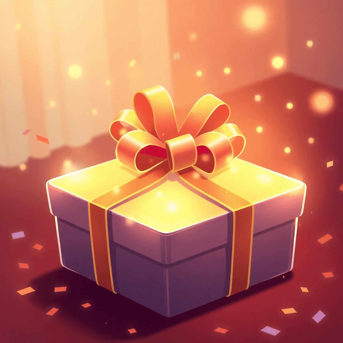 Cartoon-style gift box with shimmering ribbon, glowing lights, and confetti, set in warm, inviting colors to evoke joy and anticipation.