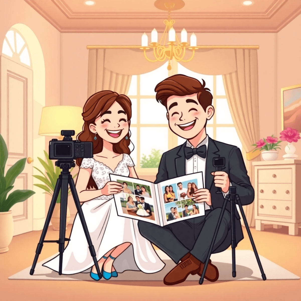 Cartoon of a happy couple reviewing their wedding photo album with a photographer in a bright, elegant studio.