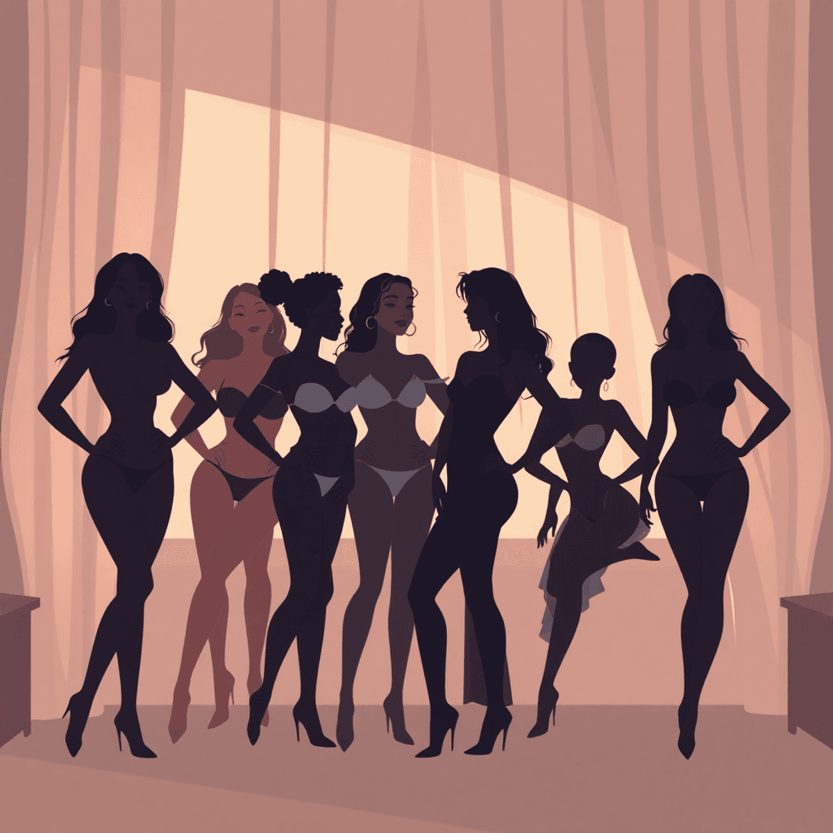 Abstract cartoon silhouettes in a softly lit boudoir with warm tones, shadows, and relaxed, confident poses conveying privacy and empowerment.