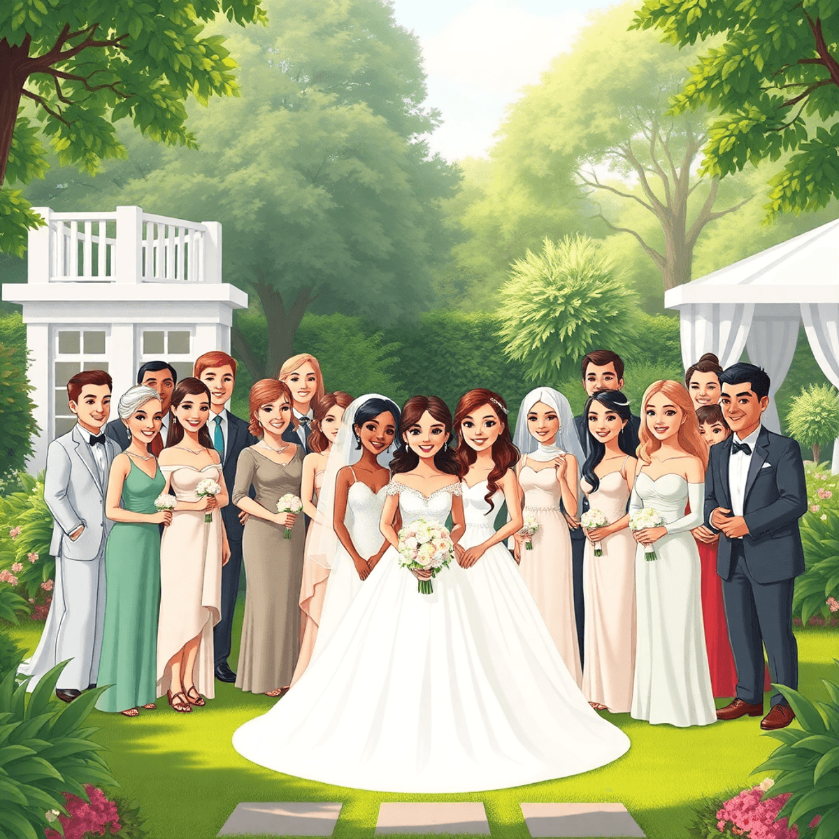 Cartoon-style joyful wedding party in elegant attire posing happily in a sunlit garden, capturing celebration and harmony.