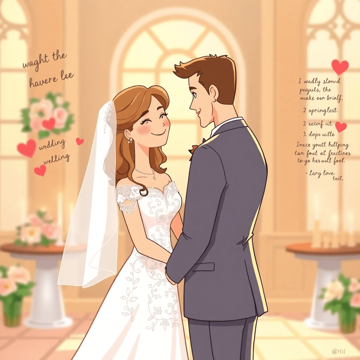 Cartoon-style romantic wedding scene with bride and groom sharing an intimate moment, surrounded by soft light and personal touches like handwritten vows.