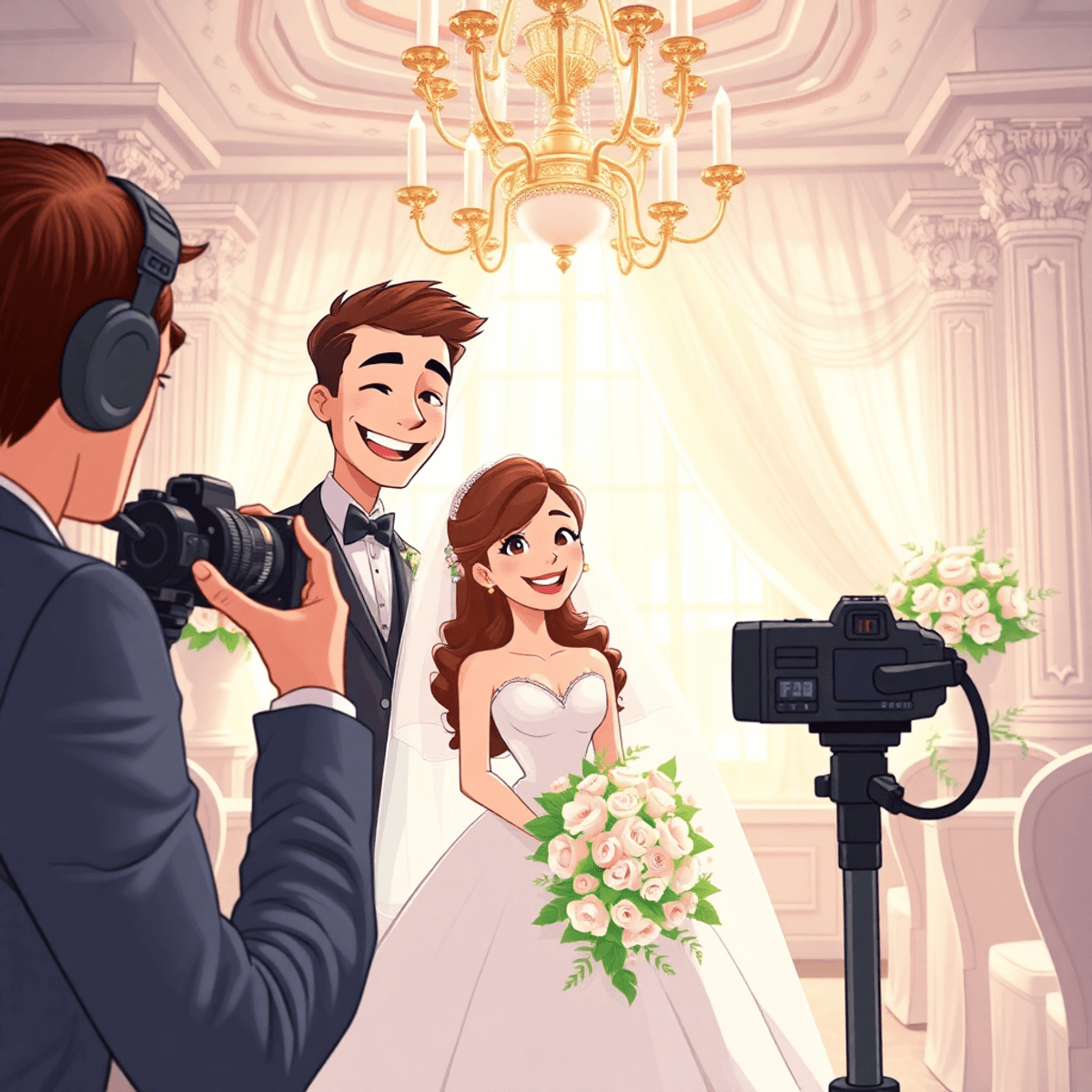 Cartoon of a joyful couple in wedding attire with elegant decorations and a photographer capturing their intimate moments in soft natural light.
