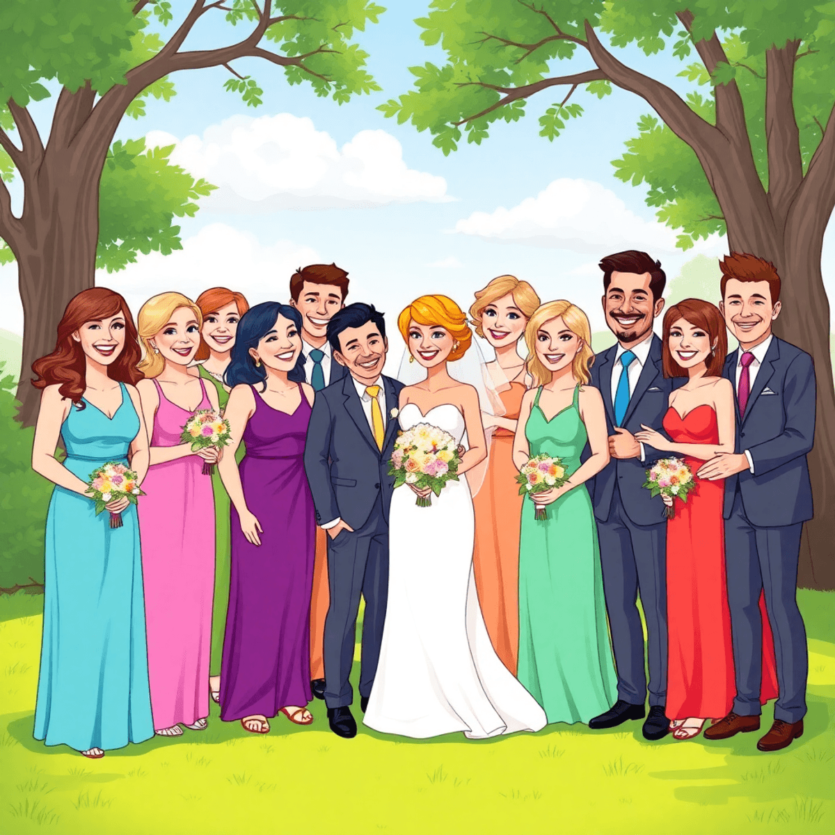 Cartoon-style group photo of a joyful bridal party outdoors, with colorful bridesmaids' dresses and groomsmen in suits, centered around the bride and groom.