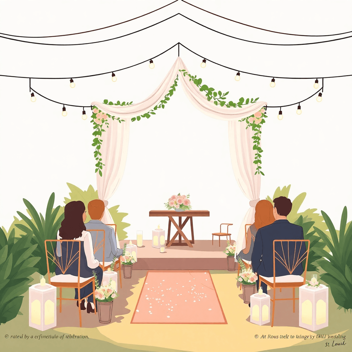 Cartoon-style cozy outdoor micro wedding setup with intimate seating, soft lighting, and delicate floral decorations in a warm, elegant atmosphere.