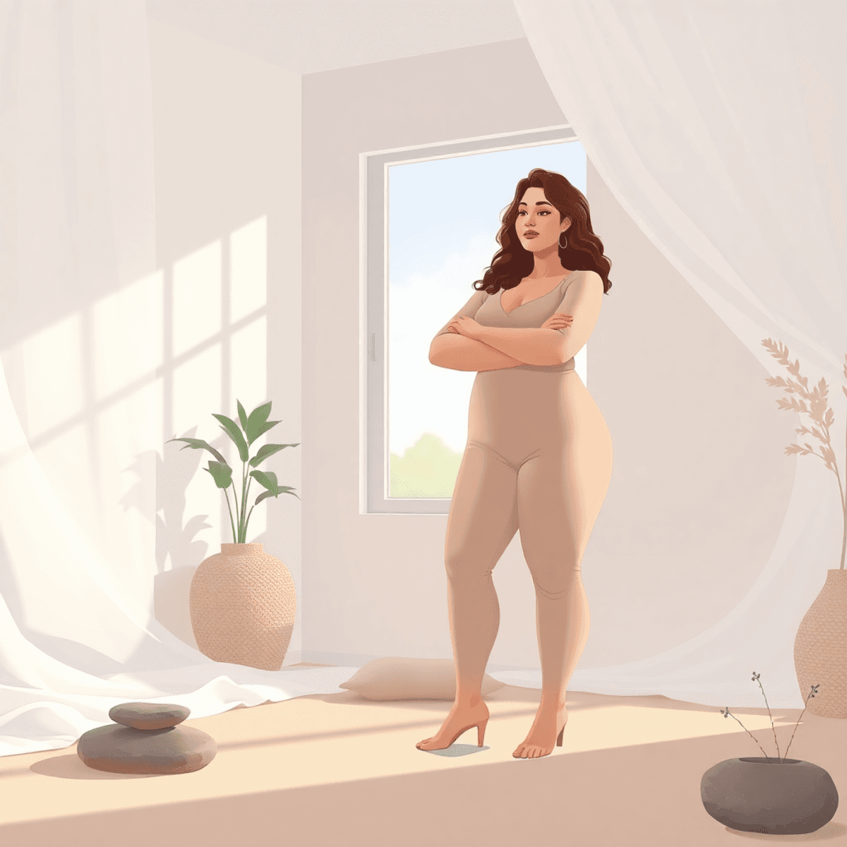 Cartoon of a confident plus-size woman in soft morning light, surrounded by flowing fabric, smooth stones, and delicate plants, radiating calm and self-assurance.