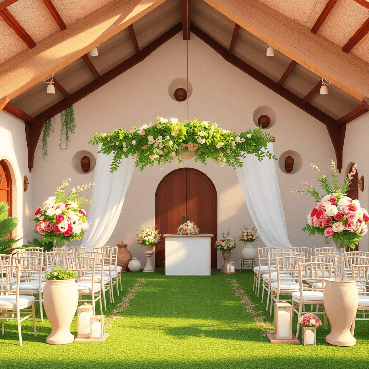 Cartoon-style outdoor wedding venue with unique architecture, creative floral decorations, and soft natural lighting creating a romantic atmosphere.