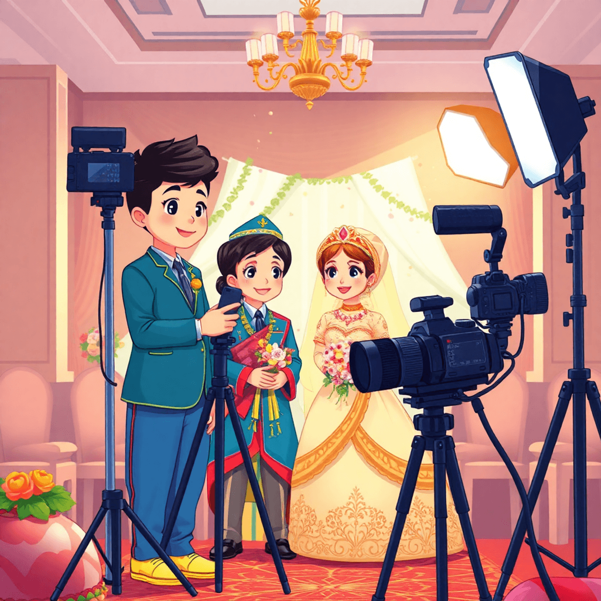 Cartoon wedding scene with colorful fabrics, symbolic ornaments, ceremonial items, and modern photography gear in an elegant, softly lit venue.