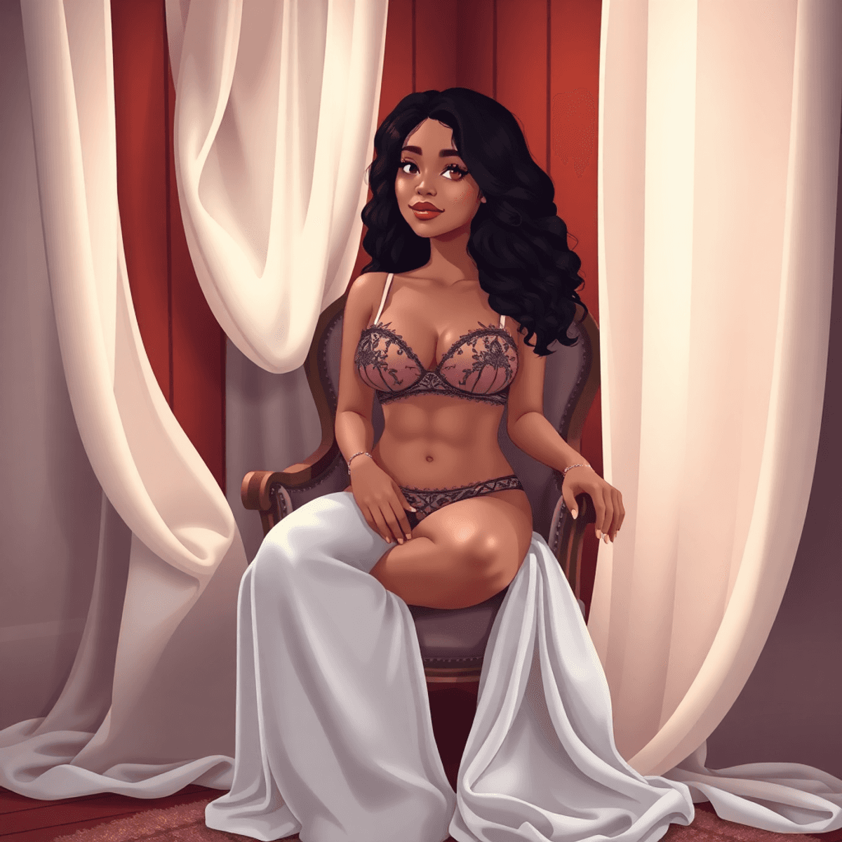 Cartoon-style boudoir scene with soft lighting, elegant fabrics, delicate lingerie on a vintage chair, evoking warmth, intimacy, and cozy luxury.