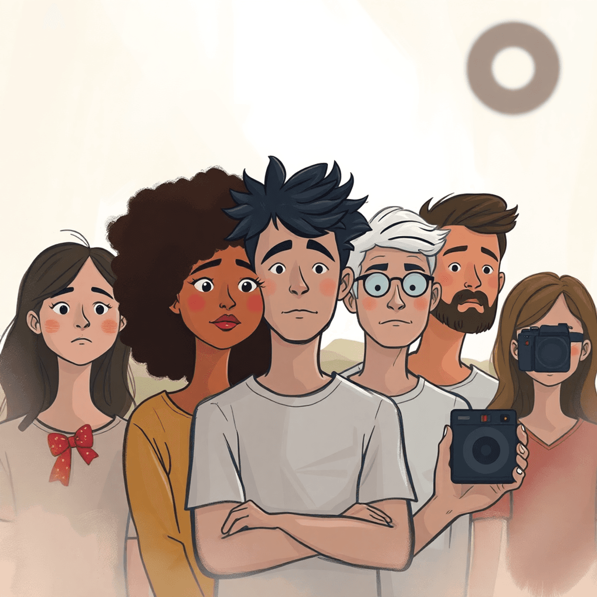 Cartoon-style group with expressive faces, soft natural light, and abstract brush strokes, evoking authenticity and creative connection in photography.