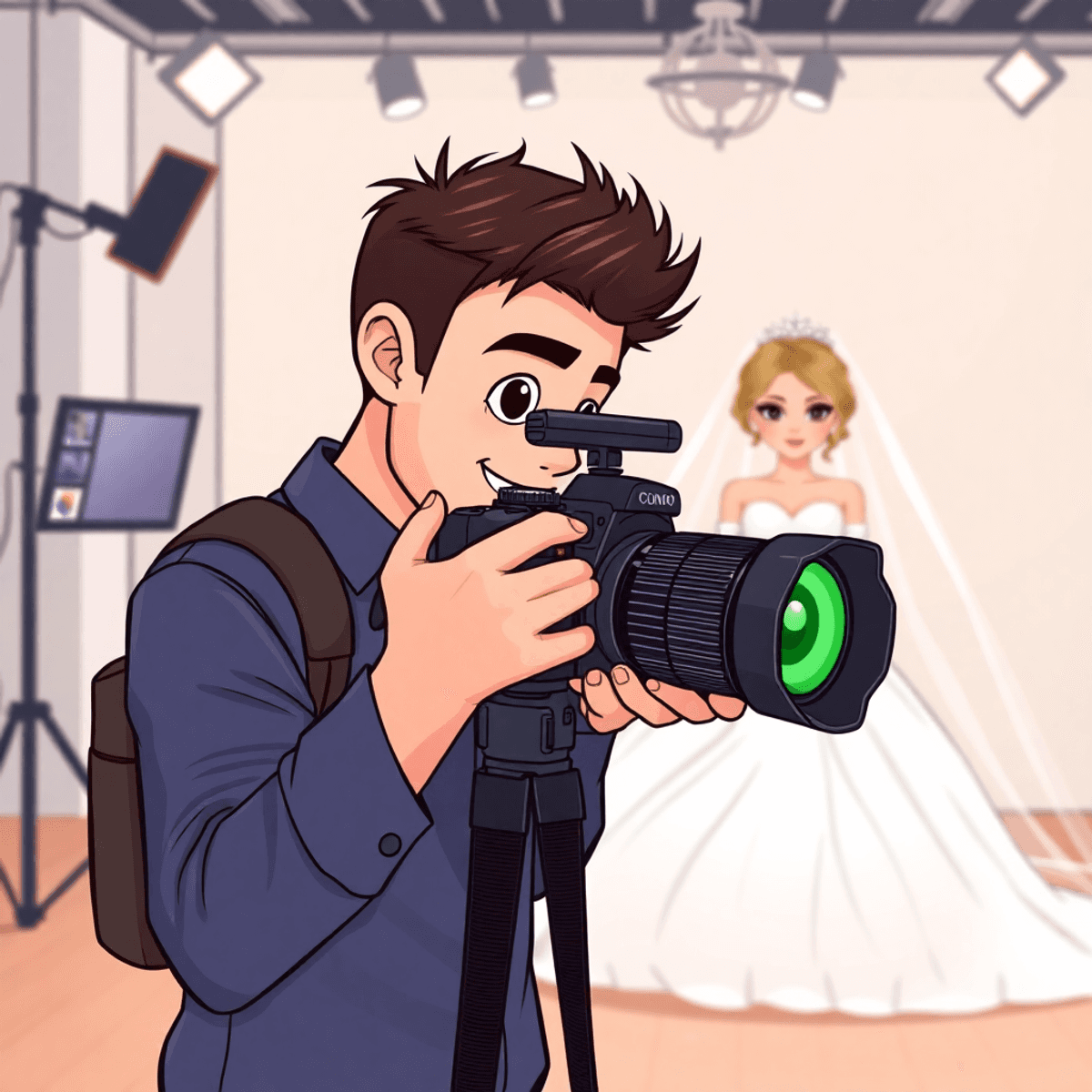 Cartoon of a photographer with a high-end camera taking bridal portraits in a bright studio, showcasing expertise and professionalism.