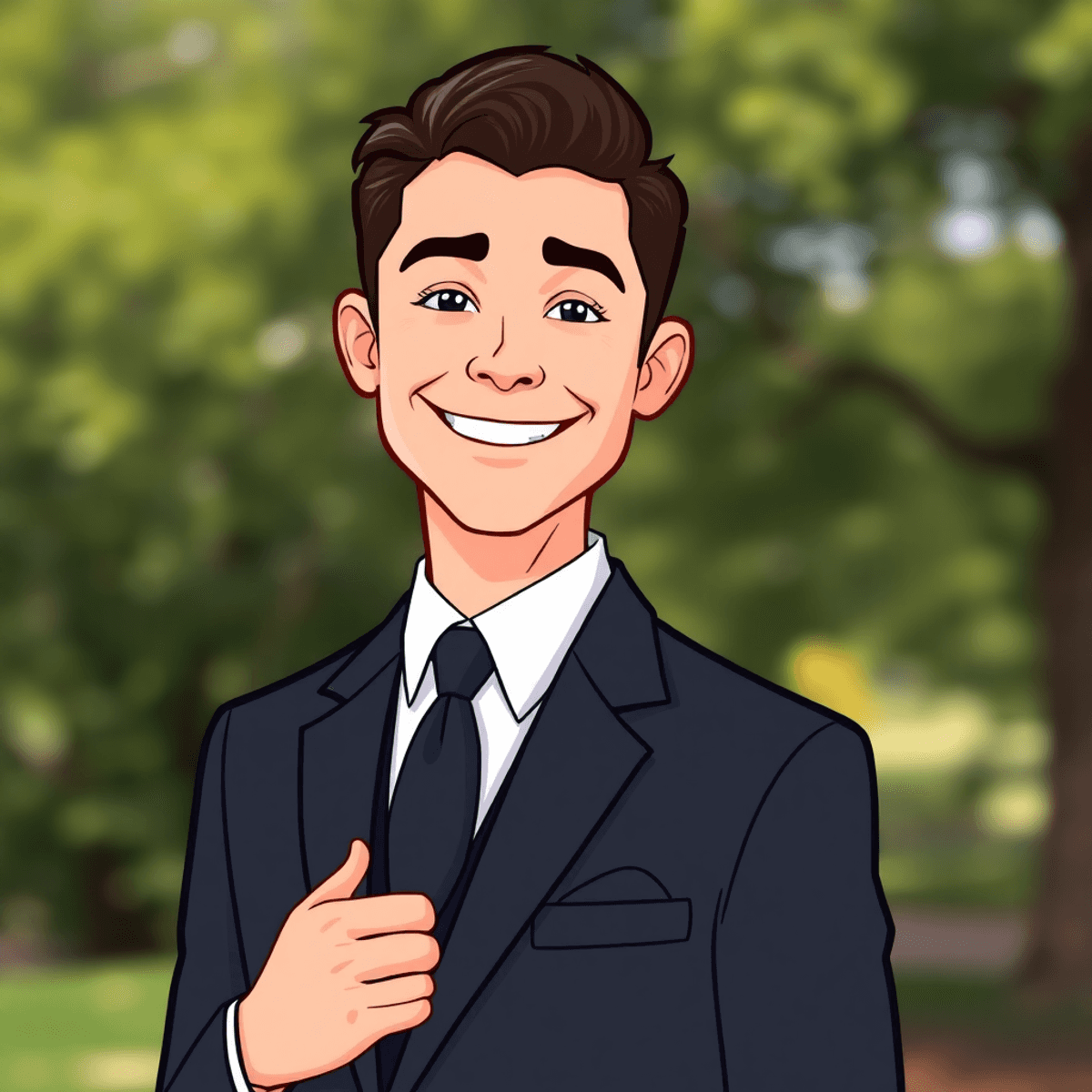 Cartoon-style portrait of a smiling groom in a classic suit outdoors with soft lighting and blurred green background, showing relaxed and genuine emotion.
