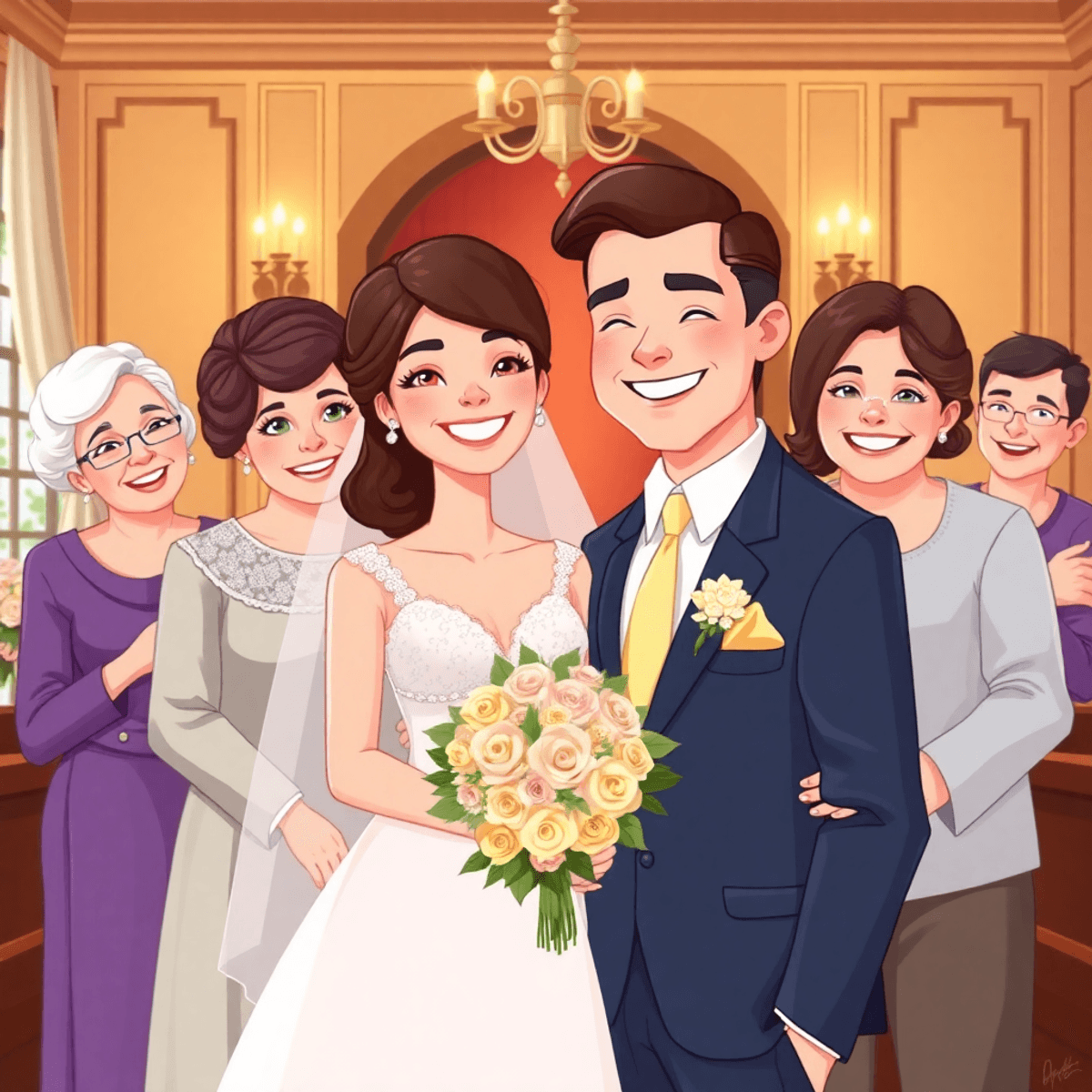 Cartoon-style wedding portrait of a happy couple with smiling family members, capturing love and togetherness in a warm, elegant setting.