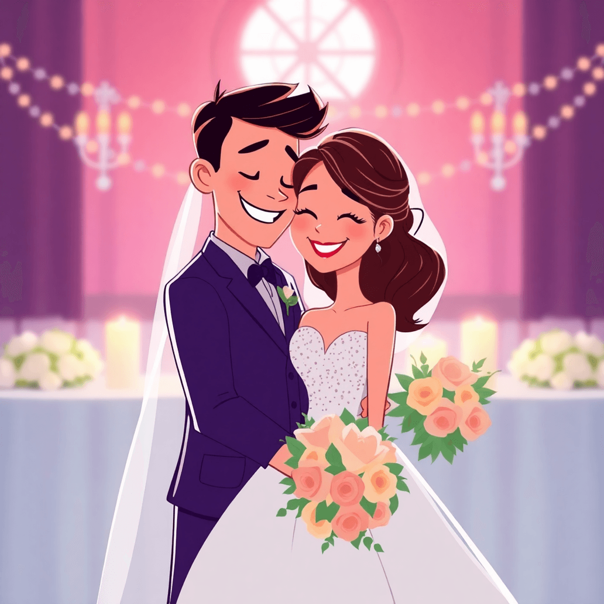 Cartoon-style romantic wedding scene with a happy couple sharing a candid moment in soft natural light.