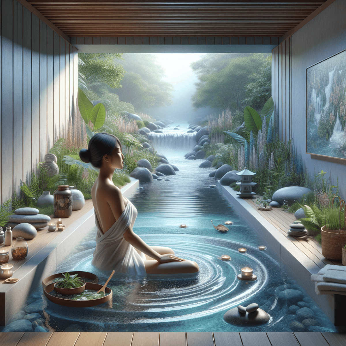 Cervical Spondylosis Treatment 6 A serene hydrotherapy environment featuring gentle waves lapping at the edges of a tranquil pool surrounded by lush greenery, vibrant plants, and herbal remedies. An Asian woman is seen reclining peacefully in the water, her expression calm and relaxed, embodying the essence of holistic healing. Natural sunlight filters through the leaves, casting soft shadows that enhance the tranquil atmosphere.