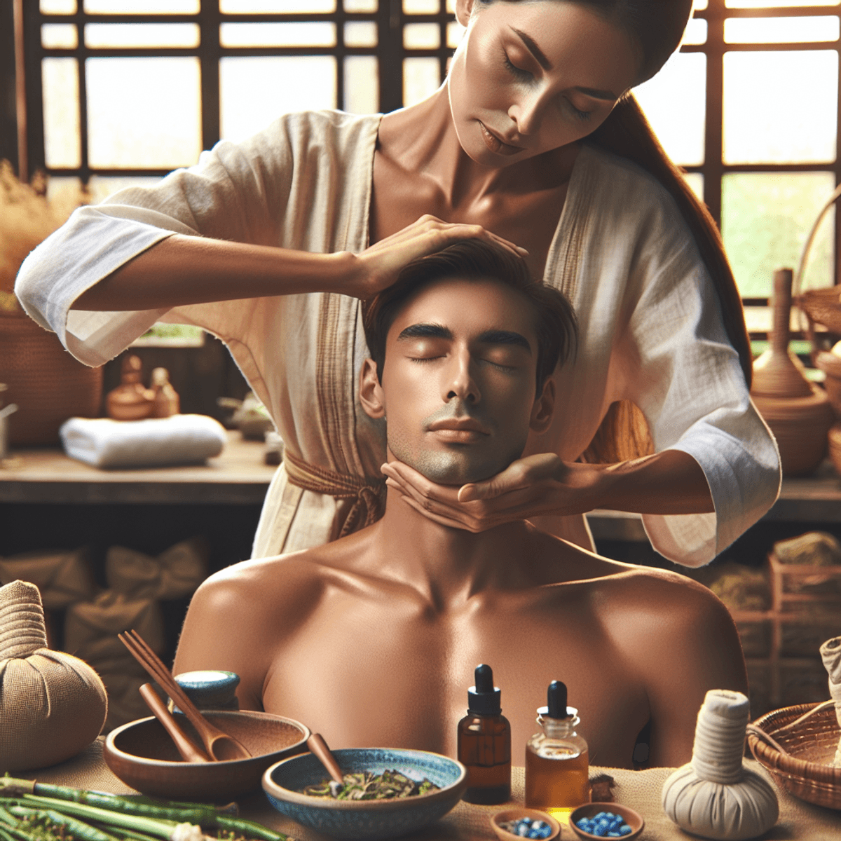 Cervical Spondylosis Treatment 3 A serene Ayurvedic treatment environment featuring an Asian woman applying herbal concoctions to the neck of a relaxed Caucasian man. Both individuals exude tranquility, surrounded by various herbs and oils that emphasize the connection between nature and health. The setting is peaceful, with soft lighting and natural elements enhancing the calming atmosphere.