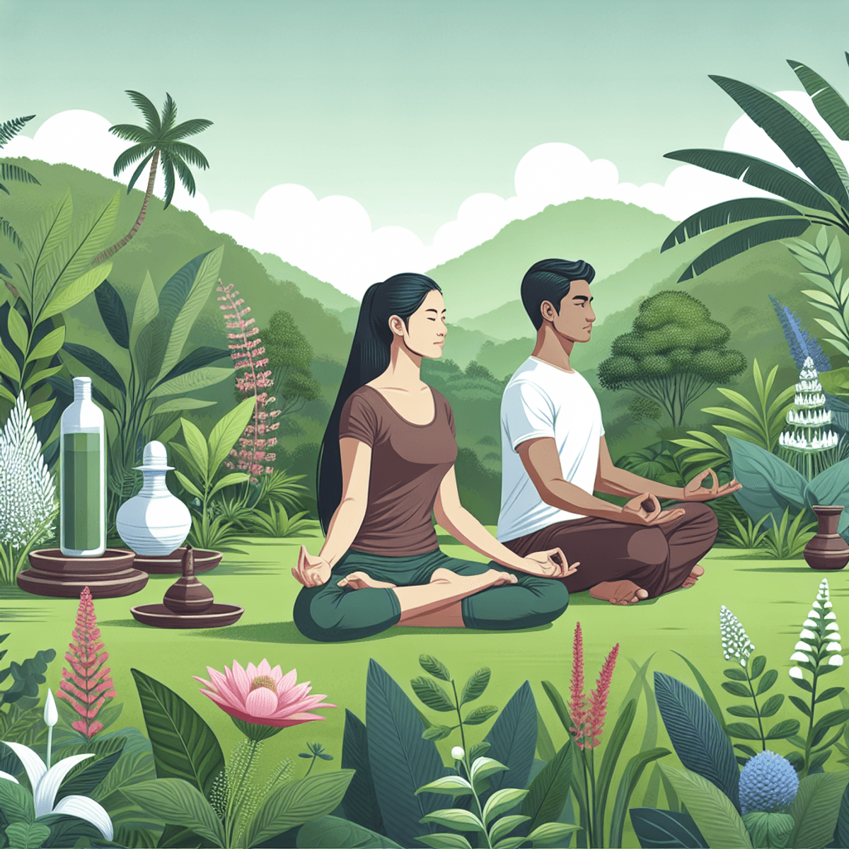 Cervical Spondylosis Treatment 10 An Asian woman and a Hispanic man practicing yoga and meditation together in a serene outdoor setting surrounded by lush greenery, vibrant plants, and herbs associated with Ayurveda, embodying a sense of peace, wellness, and natural healing.