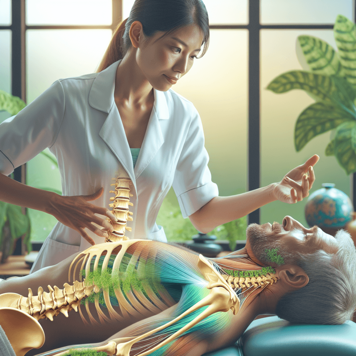 Cervical Spondylosis Treatment 8 A serene Ayurvedic clinic setting featuring a skilled Asian female practitioner guiding a Caucasian male patient through cervical spine exercises. The room is adorned with lush green plants and soft natural light filtering through large windows, creating a calming atmosphere. The practitioner demonstrates the exercises with a gentle smile, while the patient follows her lead, both immersed in the moment of holistic healing.