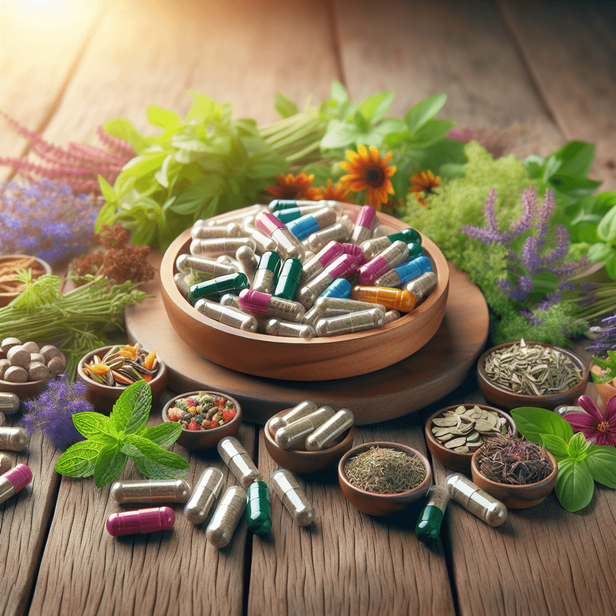 Cervical Spondylosis Treatment 4 A vibrant assortment of herbal capsules in various colors scattered on a wooden table, accompanied by fresh herbs like basil, mint, and rosemary. The scene is softly illuminated by natural light, highlighting the diversity and appeal of herbal remedies for health and wellness.