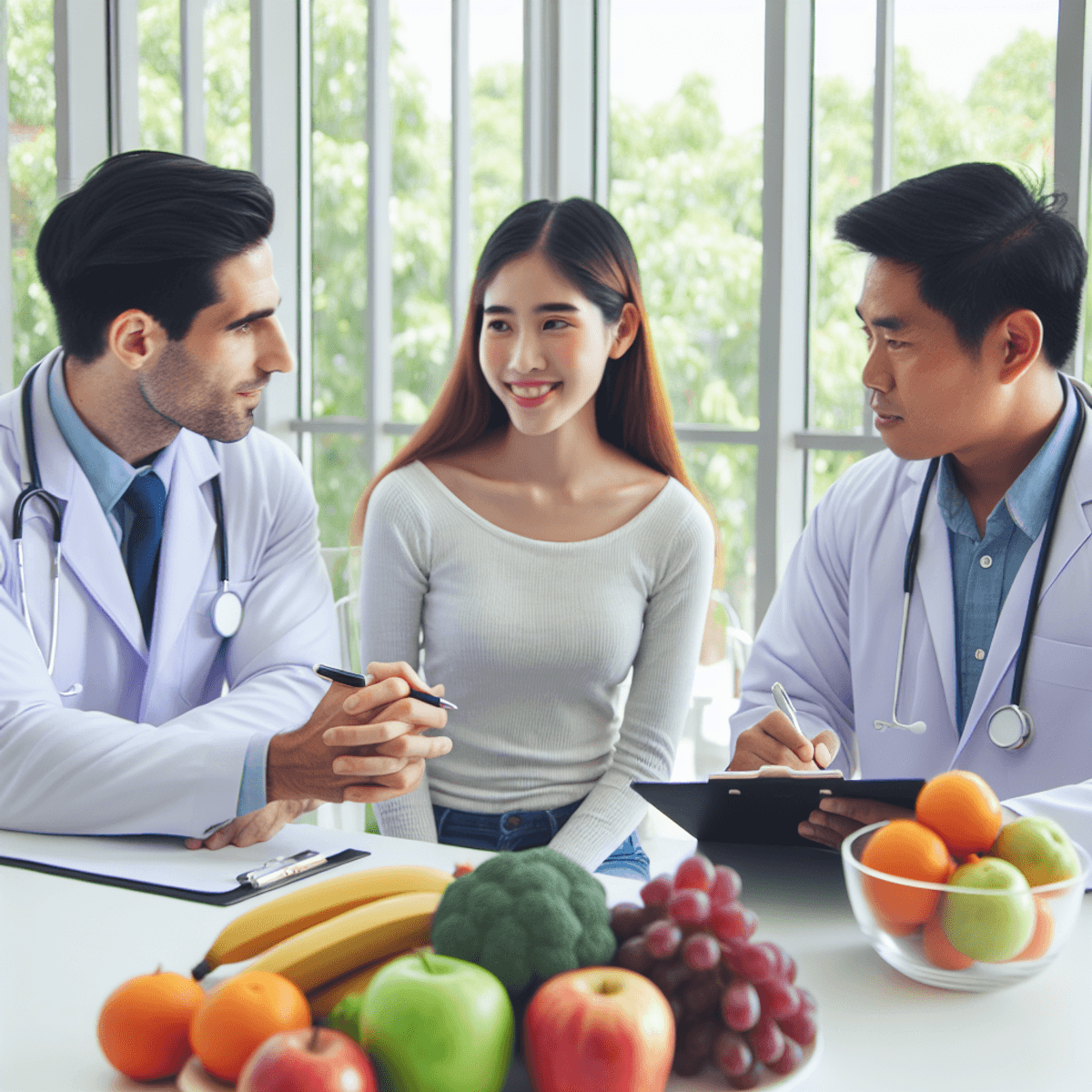 Cervical Spondylosis Treatment 9 A Caucasian male doctor and an Asian female doctor are engaged in a thoughtful discussion with a Hispanic male patient in a bright, welcoming clinic. The room is filled with natural light and decorated with vibrant posters of fruits and vegetables, symbolizing healthy living. The doctors are pointing at a digital tablet while the patient listens attentively, surrounded by potted plants that enhance the inviting atmosphere.