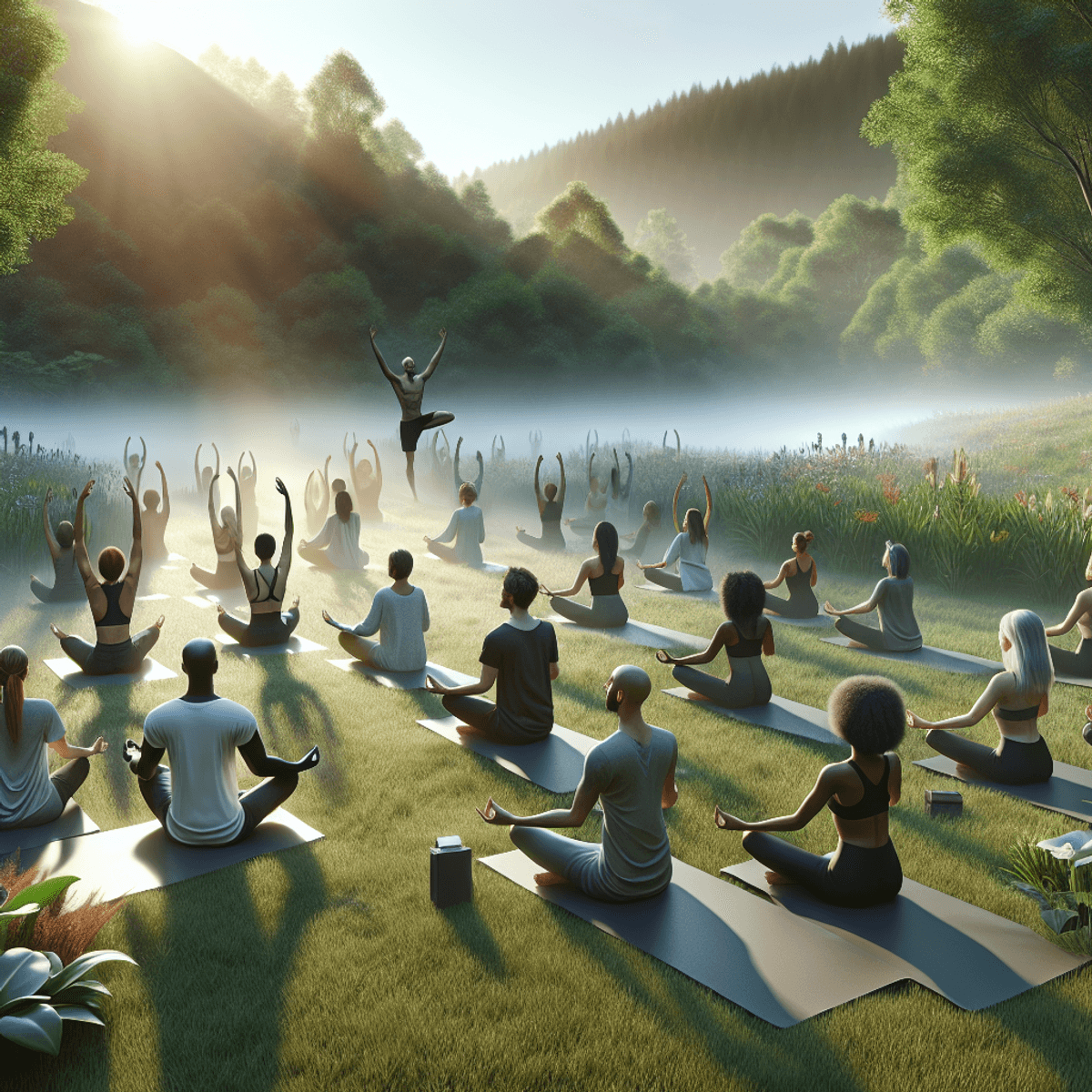 Cervical Spondylosis Treatment 11 A serene outdoor yoga scene featuring a diverse group of individuals practicing yoga on colorful mats amidst lush greenery. The group includes men and women of various descents, including Hispanic, Caucasian, Black, South Asian, and Middle-Eastern, each engaged in their own meditation poses. The atmosphere is tranquil yet invigorating, with soft sunlight filtering through the trees, casting gentle shadows on the participants. Their expressions reflect focus and serenity, embodying the essence of personalized care and mindfulness in nature.