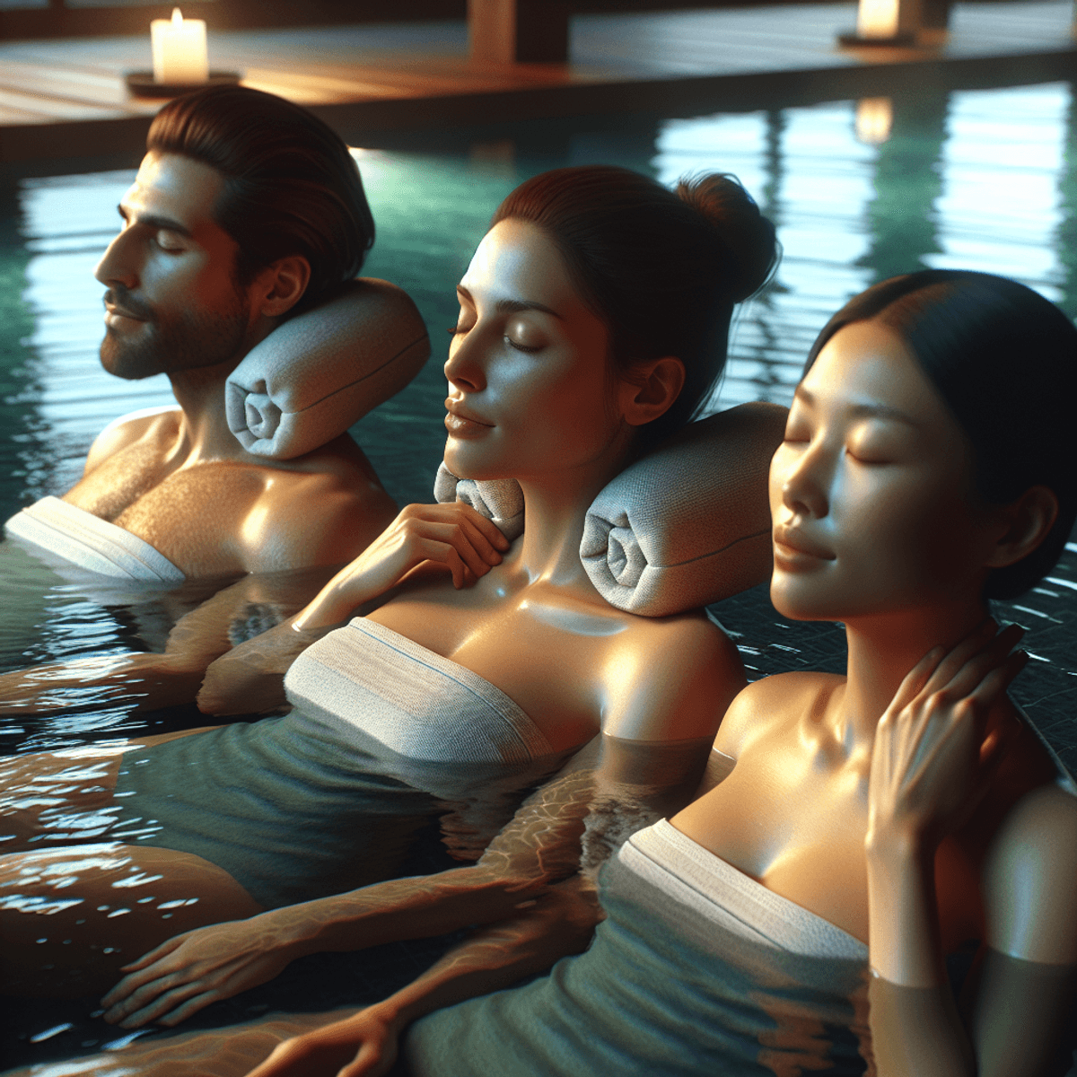 Cervical Spondylosis Treatment 7 A serene hydrotherapy session featuring three individuals: a Caucasian woman, a Hispanic man, and an Asian woman, all relaxing in a heated pool. Each person has a warm compress against their necks, surrounded by dim, soft lighting that creates a calming atmosphere. Gentle water ripples radiate from them, enhancing the tranquil setting without any text or symbols present.