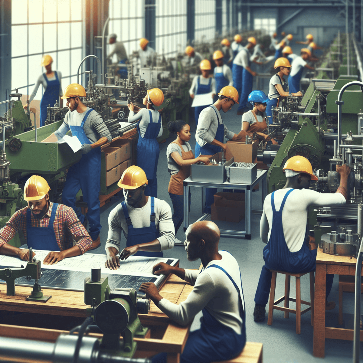 A vibrant manufacturing setting featuring a diverse group of workers from various African ethnic backgrounds engaged in different tasks, such as operating machinery and assembling products. The scene captures individuals collaborating effectively, showcasing teamwork and a positive atmosphere that promotes productivity. Workers are smiling and interacting, with tools and machinery in the background, representing inclusivity and the rich diversity of the African community.