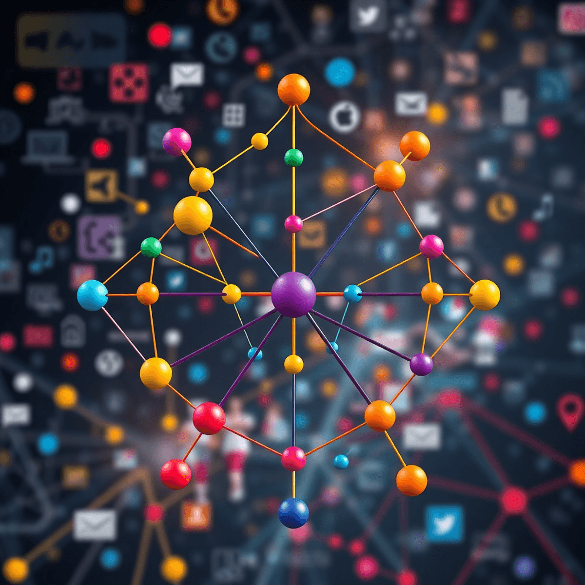 A vibrant graph diagram with vertices and edges, surrounded by abstract symbols of computer networks, social media icons, and transportation routes, illustrating connections.