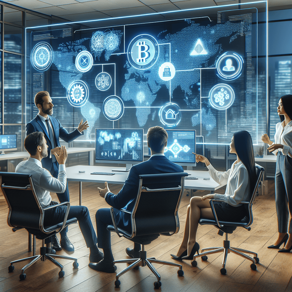 A Caucasian man and an Asian woman in a modern office setting, discussing blockchain technology. The background features digital screens displaying abstract visualizations of blockchain networks and banking icons, with no visible text.