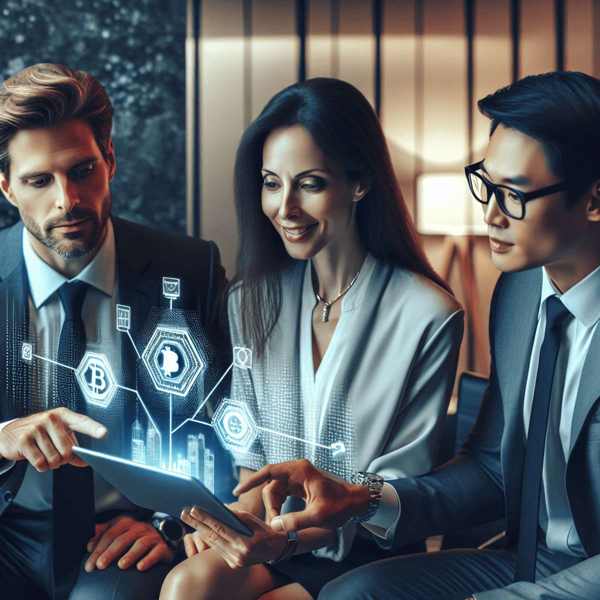 Three professionals in a modern banking office, a Caucasian woman, an Asian man, and a Hispanic woman, are engaged in a discussion around a digital tablet displaying blockchain technology graphics. The sleek office design in the background reflects innovation and security.