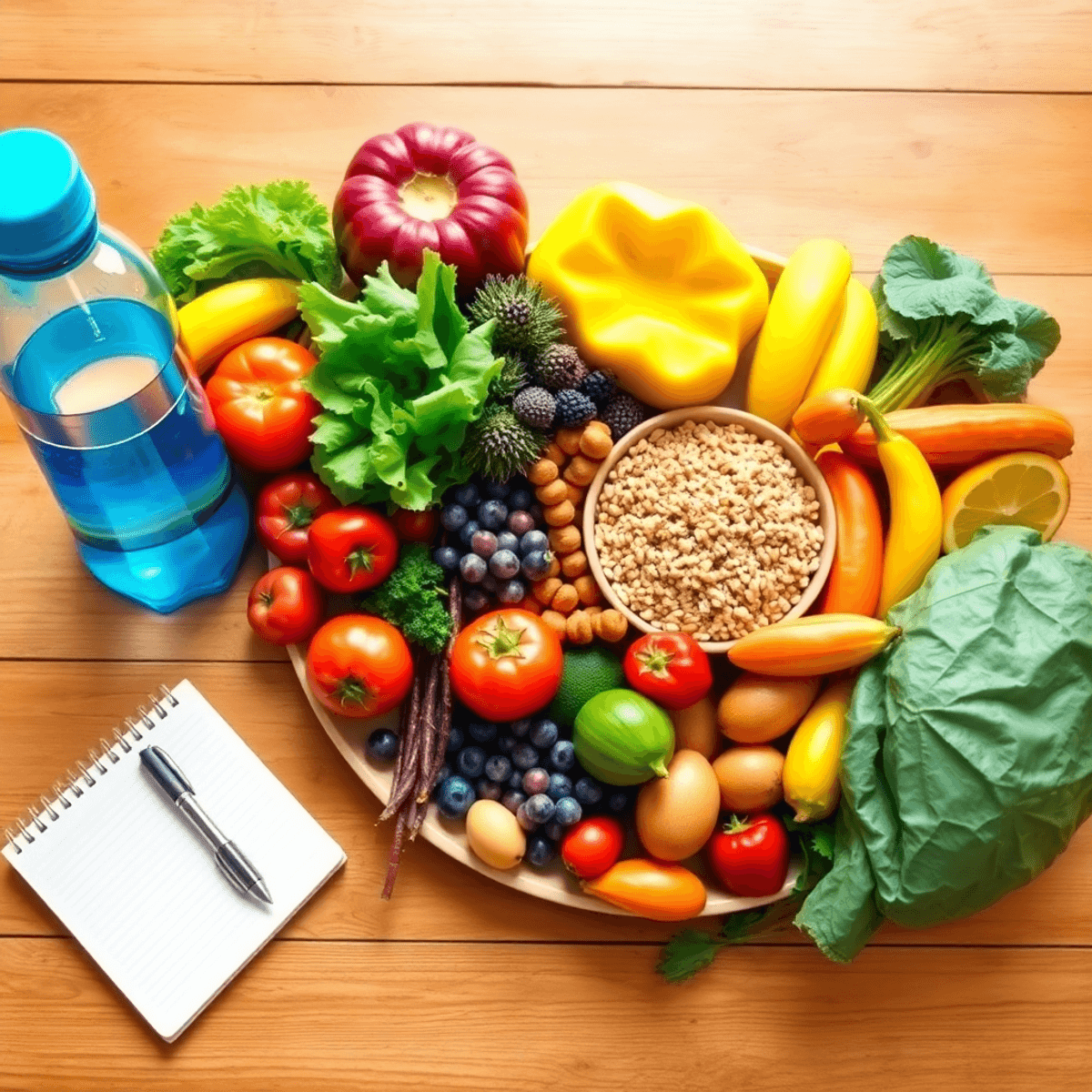 A colorful spread of fruits, vegetables, and whole grains on a wooden table, accompanied by a water bottle and a notepad with a pen, symbolizing health and wellness.